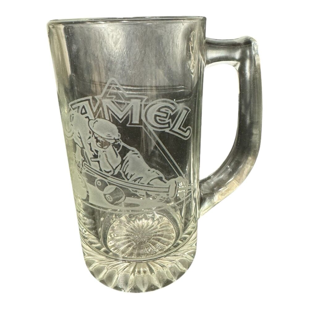Vintage JOE CAMEL ETCHED GLASS BEER MUG 1993 SHOOTING POOL